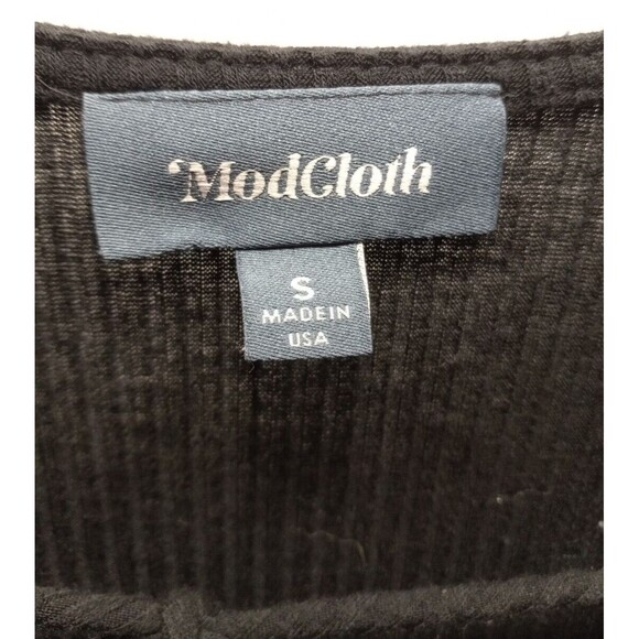 ModCloth Size Small Ribbed Knit Dress Black Drawstring Tie V Neck Long Sleeves - Picture 4 of 6